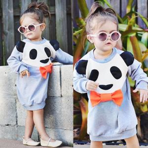 Autumn New Cute Long Sleeve Hoodies Baby Dress Kids Birthday Cartoon Panda Dresses Casual Girl Clothes